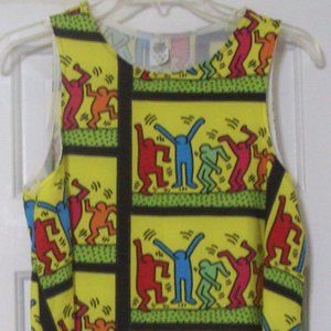 Vintage Keith Haring Colorful "Dancing Men" Mini Sheath Dress, Size Small